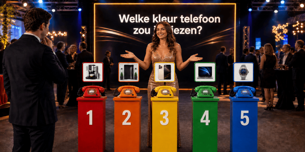 Telefoonspel van EventTelefoon met vijf gekleurde telefoonzuilen en prijzen tijdens een zakelijk evenement.