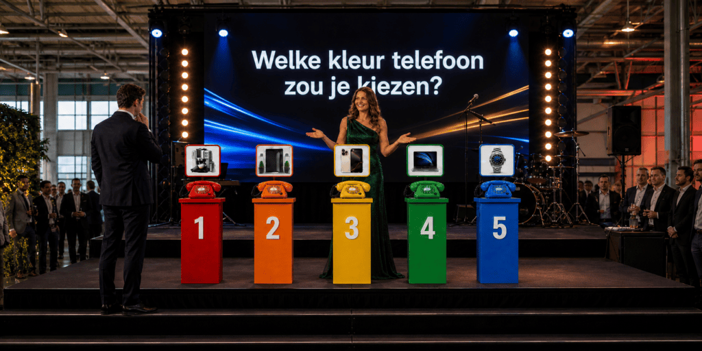 Telefoonspel van EventTelefoon met vijf gekleurde telefoonzuilen, presentatrice en deelnemer tijdens een bedrijfsevent.