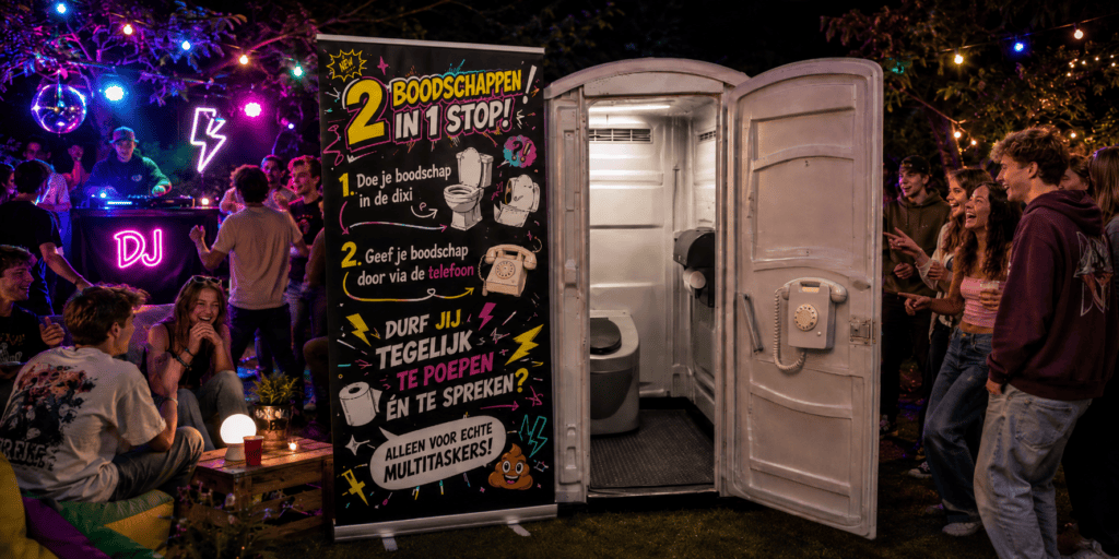Open grijze Dixi-cabine met EventTelefoon aan de deur op een jongeren tuinfeest, naast een opvallende rolbanner met speluitleg en feestende jongeren met DJ-verlichting op de achtergrond.