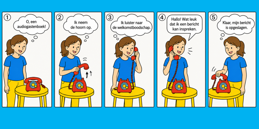 Vijfdelige uitleg van het audiogastenboek van EventTelefoon: een vrouw pakt de hoorn op, luistert naar de welkomstboodschap, spreekt een bericht in en legt de hoorn terug, waarna de opname automatisch wordt opgeslagen.
