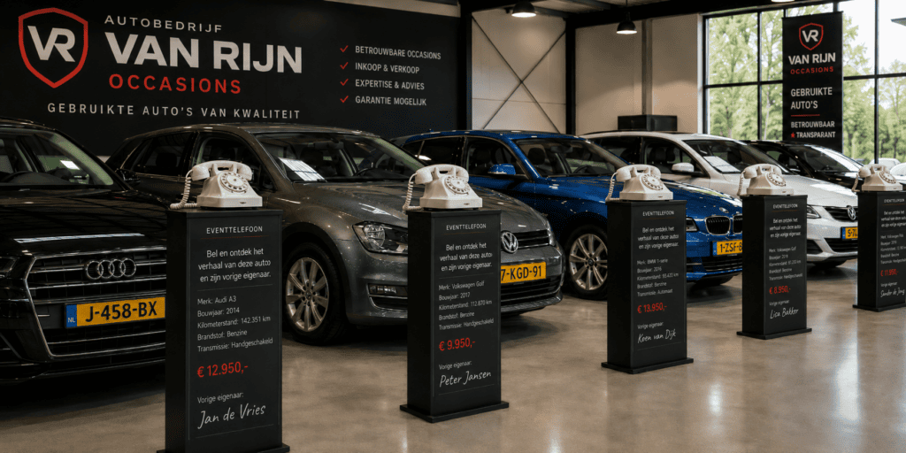 Occasion showroom van Autobedrijf Van Rijn met meerdere gebruikte auto’s en witte EventTelefoons op zwarte informatiezuilen met voertuiggegevens en verhalen van vorige eigenaren.