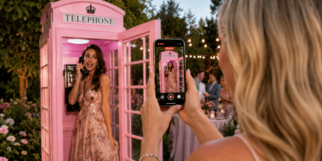 Vrouw filmt met haar smartphone hoe een gast een audiobericht inspreekt in een roze telefooncel van EventTelefoon tijdens een feest.