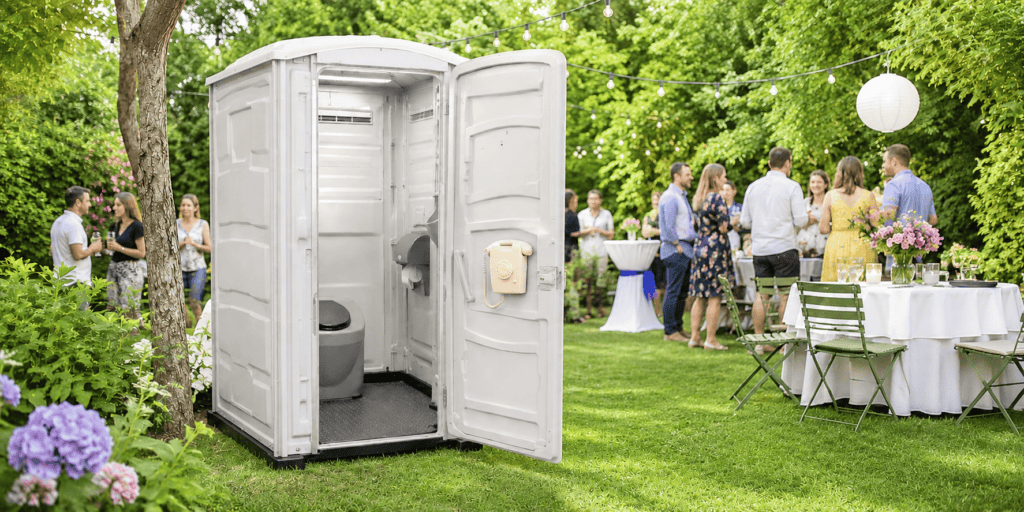 Grijze mobiele Dixi-cabine met EventTelefoon aan de binnenkant van de deur als geheime opnameplek op een festival of tuinfeest.