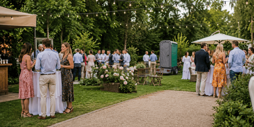 Mobiele Dixi-cabine op aanhanger tussen de gasten tijdens een sfeervol tuinfeest of bruiloft in de buitenlucht met statafels, parasols, bloemen en lichtslingers.