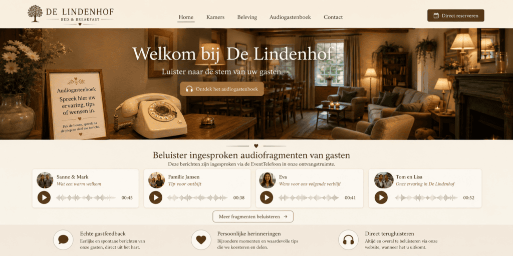 Homepage van Bed & Breakfast De Lindenhof met een warm ingerichte ontvangstruimte, een crèmekleurige retro draaischijftelefoon als audiogastenboek en een overzicht van ingesproken audiofragmenten van gasten.