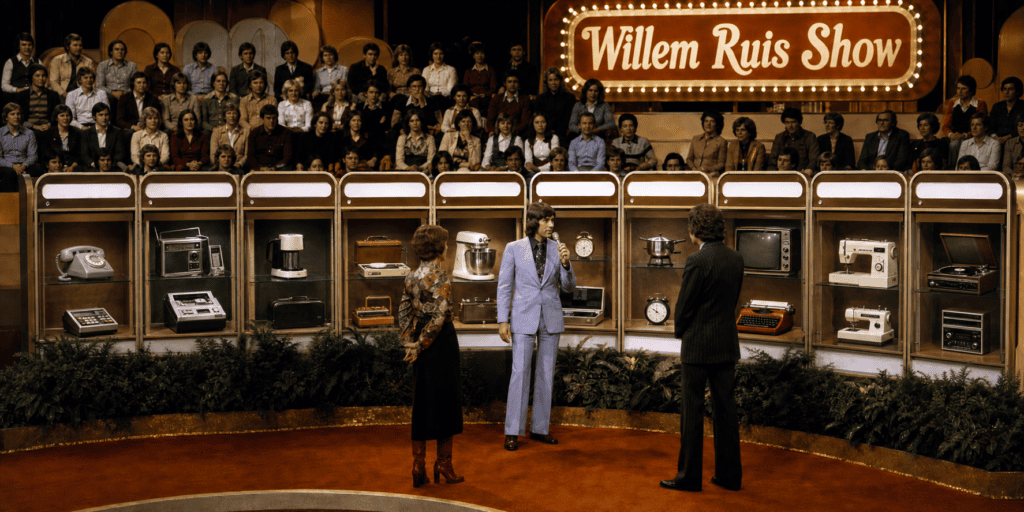 Retro televisiestudio van de Willem Ruis Show met presentator, kandidaten, publiek en vitrinekasten vol huishoudelijke prijzen.