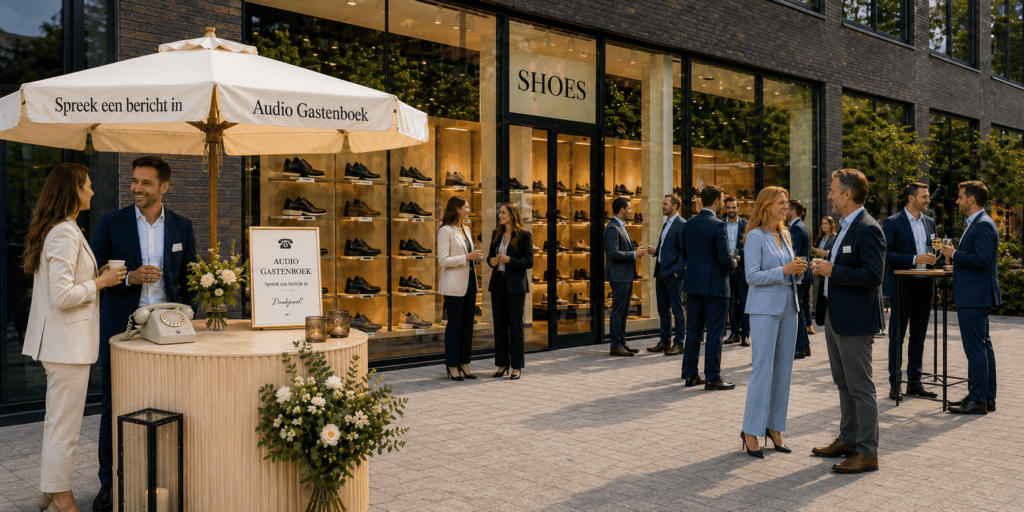 Zakelijke winkelopening bij een moderne schoenenwinkel met gasten, een audiogastenboek onder een parasol en een retro telefoon.