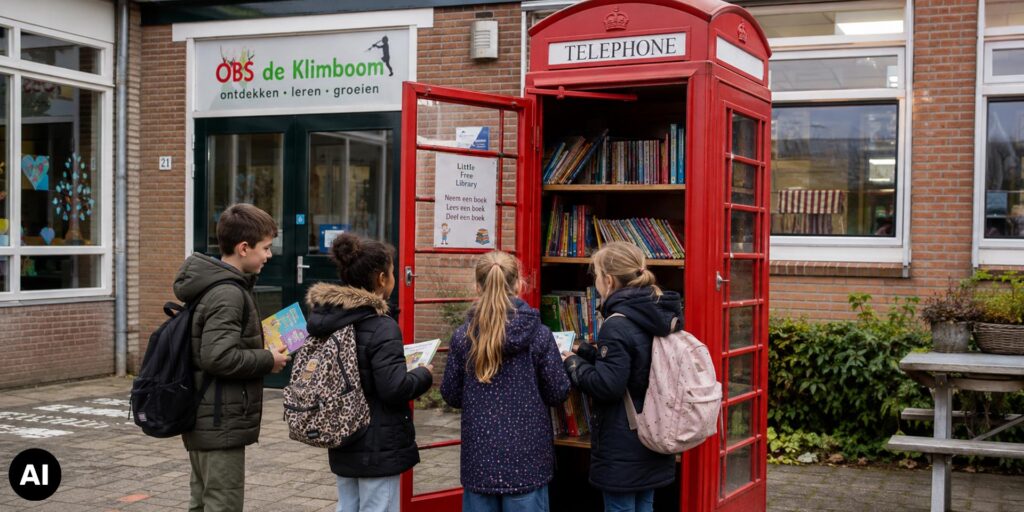 Vier schoolkinderen kiezen boeken uit een rode Engelse telefooncel die op het schoolplein is ingericht als minibibliotheek.