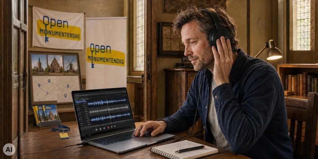 Man met koptelefoon luistert naar en bewerkt audio-opnames op een laptop na de Open Monumentendag, met banners, een kaart en informatiemateriaal op de achtergrond.