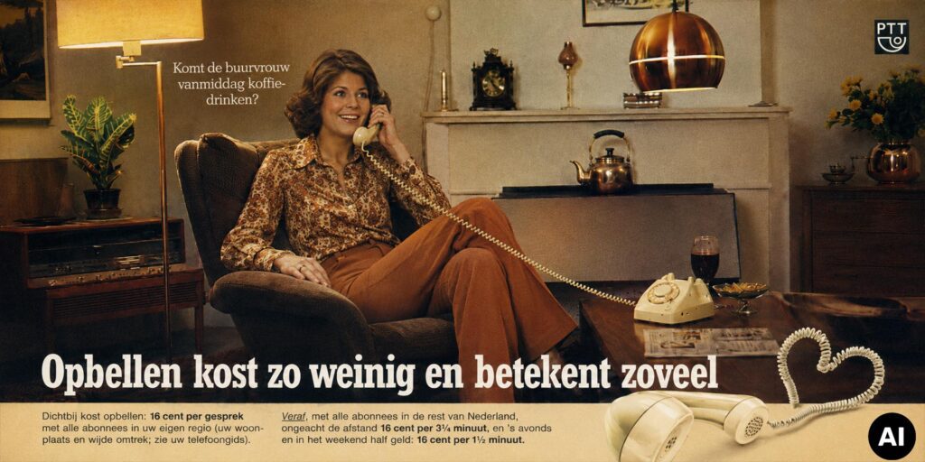 Retro jaren 70 advertentie met een vrouw die vanuit haar woonkamer telefoneert met een beige draaischijftelefoon van eventtelefoon, omringd door vintage meubels en warme bruine tinten.