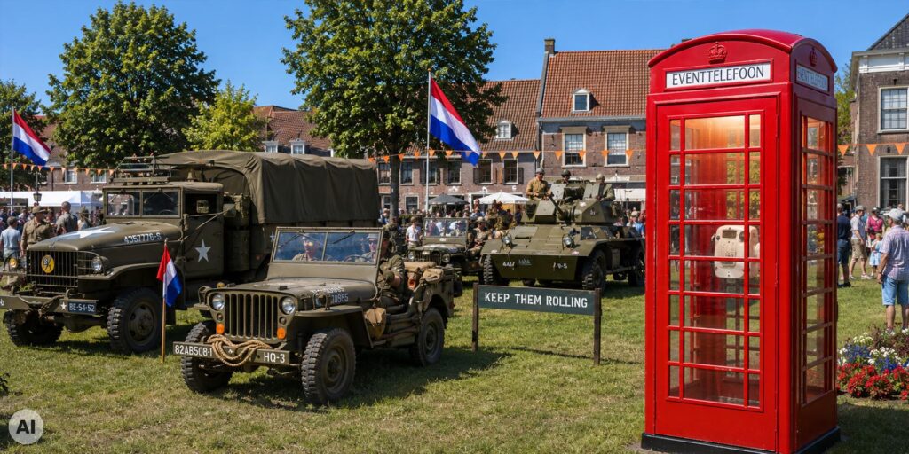 Bevrijdingsevenement met historische militaire voertuigen, Nederlandse vlaggen en bezoekers op een plein. Rechts staat een opvallende rode telefooncel met het opschrift Eventtelefoon’