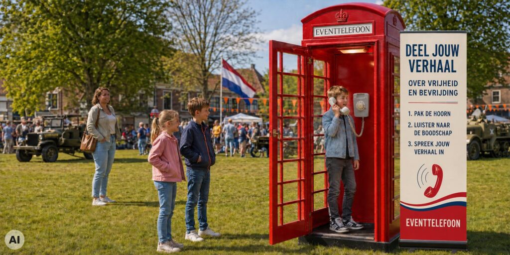 Kind gebruikt een telefoon in een rode Eventtelefoon-cel tijdens een bevrijdingsevenement, terwijl twee kinderen wachten. Naast de cel staat een bord dat bezoekers uitnodigt hun verhaal over vrijheid en bevrijding te delen. Engelse telefooncel bevrijding festival