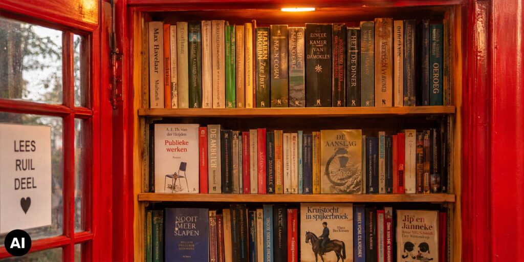 Rode boekenkast gevuld met uiteenlopende boeken, naast een raam met het bord ‘Lees, ruil, deel’ en een hartje.