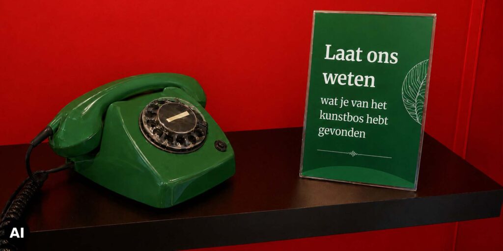 Groene retro draaischijftelefoon van Eventtelefoon in een rode telefooncel met een bordje dat bezoekers uitnodigt hun mening over het kunstbos in te spreken.