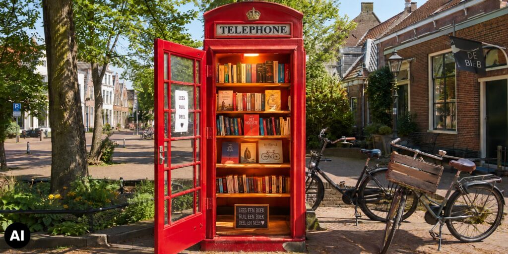 Rode Engelse telefooncel ingericht als minibibliotheek, gevuld met boeken en geplaatst in een groene Nederlandse straat met fietsen.