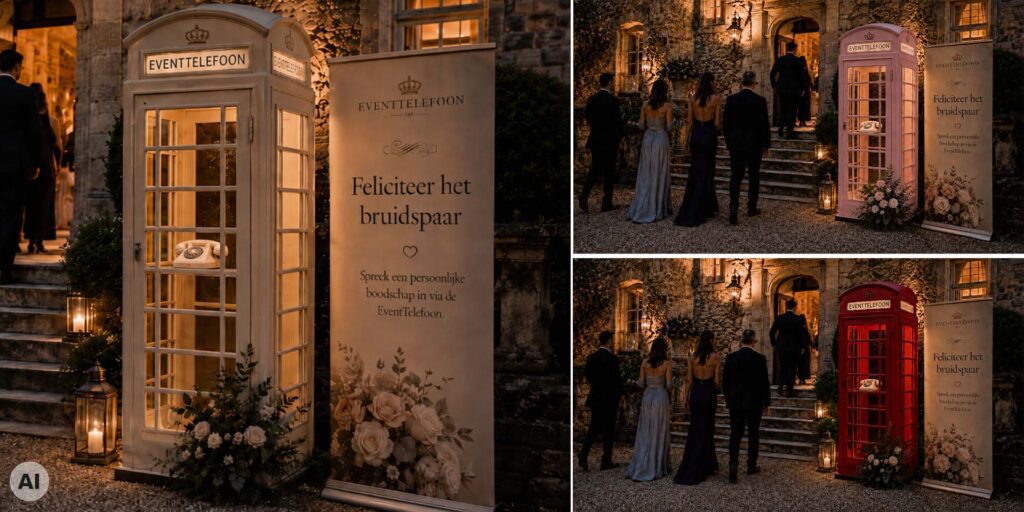 Engelse telefooncel van EventTelefoon als audiogastenboek bij een sfeervol verlichte kasteelbruiloft, uitgevoerd in wit, roze en klassiek rood.