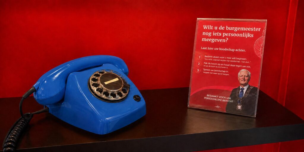Blauwe retro draaischijftelefoon van Eventtelefoon op een zwarte plank tegen een rode achtergrond