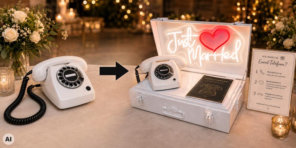 Witte retro eventtelefoon op een feestelijk gedekte tafel, met een pijl naar een complete opstelling in een neoanbox van EventTelefoon met telefoon, instructiekaart en verlicht bord met ‘Just Married’.