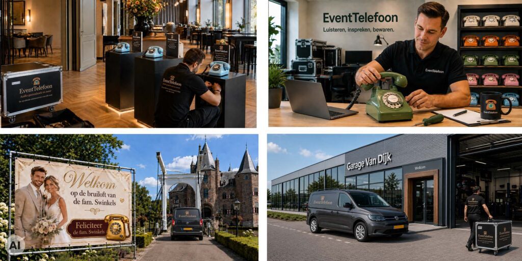 Vierluik van EventTelefoon in actie: installatie en controle van retro audiogastenboeken, levering bij een kasteelbruiloft en plaatsing bij een garage.