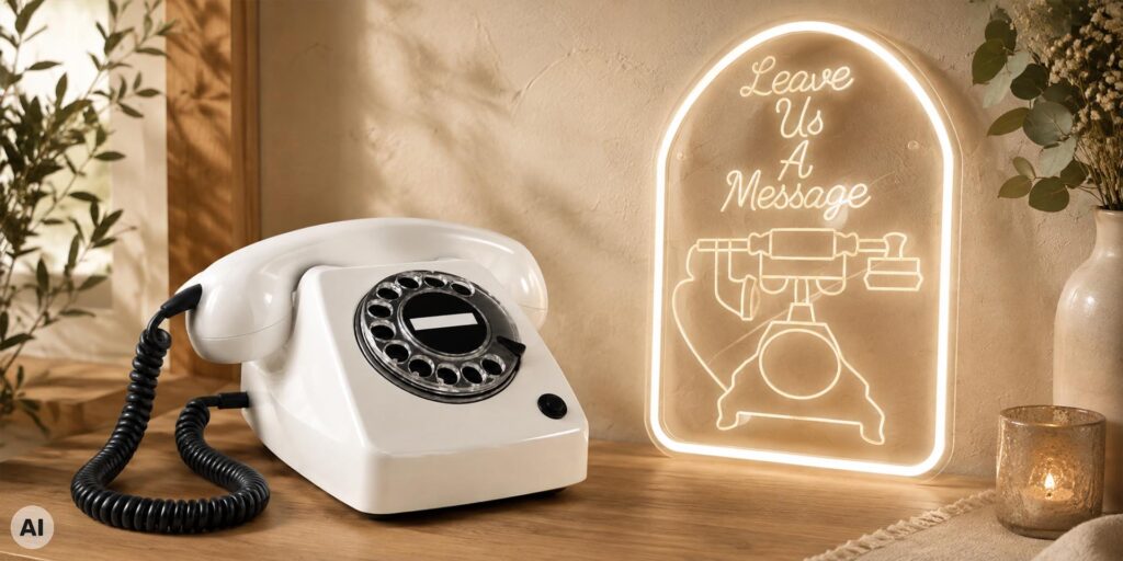 Witte retro draaischijftelefoon op een houten tafel naast een verlicht neonbord met de tekst ‘Leave Us A Message’, in een warme, sfeervolle setting met planten en een kaars.