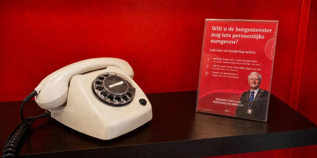 Ivoor kleurige retro draaischijftelefoon van Eventtelefoon op een zwarte plank tegen een rode achtergrond