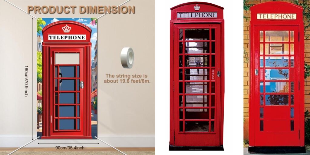 Vergelijking van drie rode Britse telefooncellen. Links staat een decoratieve deurposter met aangegeven afmetingen van circa 180 × 90 cm, in het midden een klassieke rode telefooncel met glazen deur als kartonnen bord, en rechts een vergelijkbare telefooncel tegen een bakstenen muur als poster