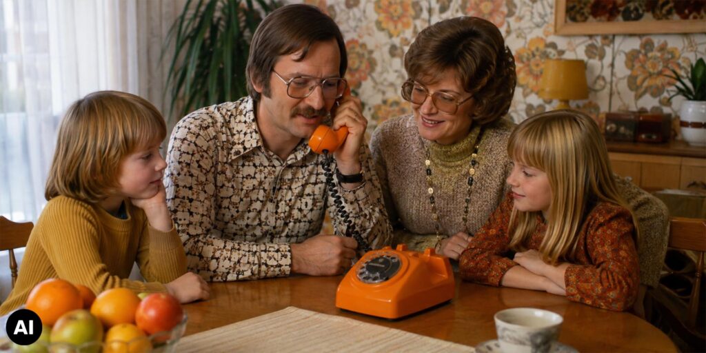 Werkende vintage PTT T65 draaischijftelefoon van EventTelefoon op een jaren 70-feest