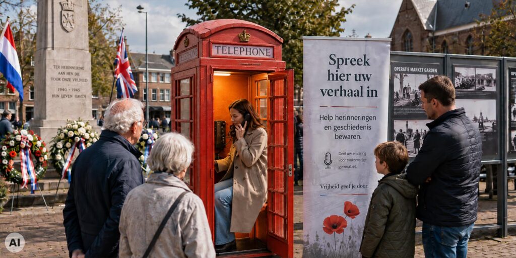 Vrouw spreekt haar verhaal in via een telefoon in een rode Britse telefooncel van Eventtelefoon bij een oorlogsmonument. Omstanders kijken toe en een informatiebord nodigt bezoekers uit herinneringen en verhalen over vrijheid te delen. Engelse telefooncel bevrijding festival