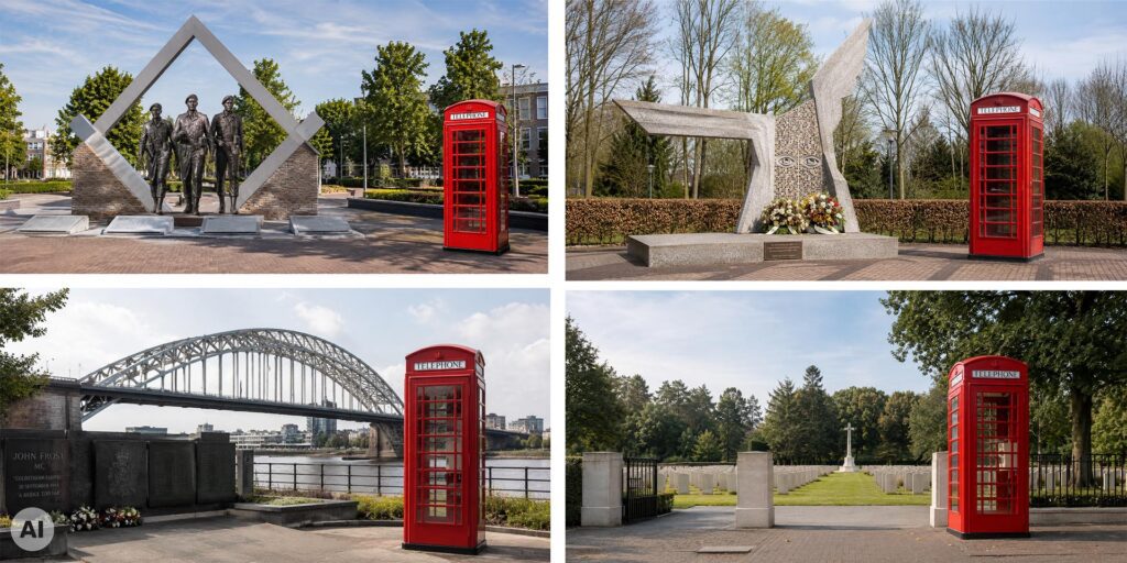 Collage van vier oorlogsherdenkingsplaatsen in Nederland, met monumenten, een brug en een militaire begraafplaats. Bij elke locatie staat opvallend een rode Britse telefooncel van Eventtelefoon.