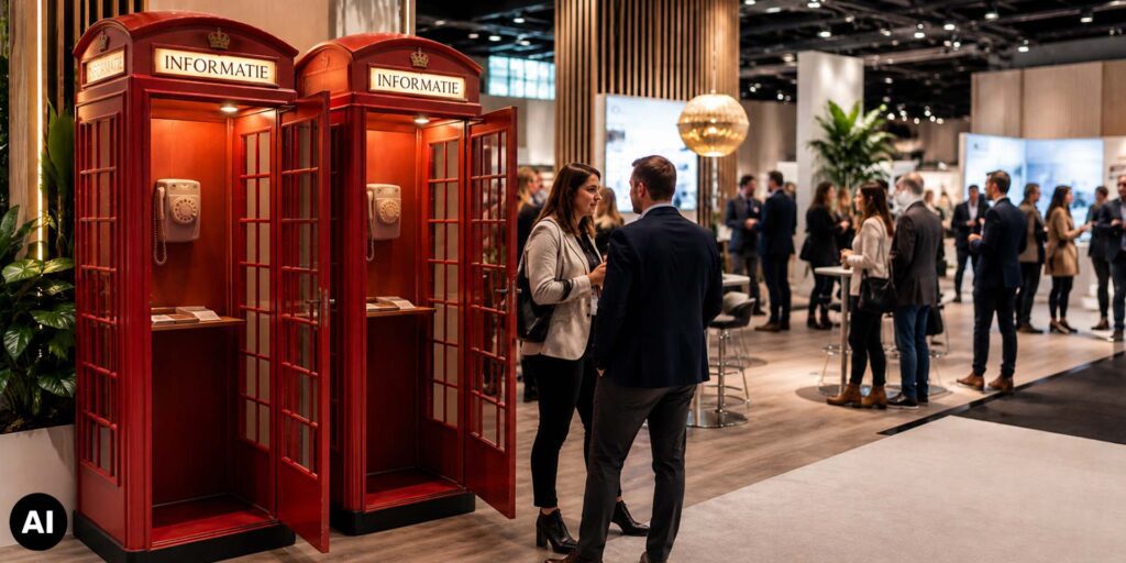 Twee rode Engelse telefooncellen met retro telefoons van Eventtelfoon als informatiepunten op een drukbezochte zakelijke beurs.