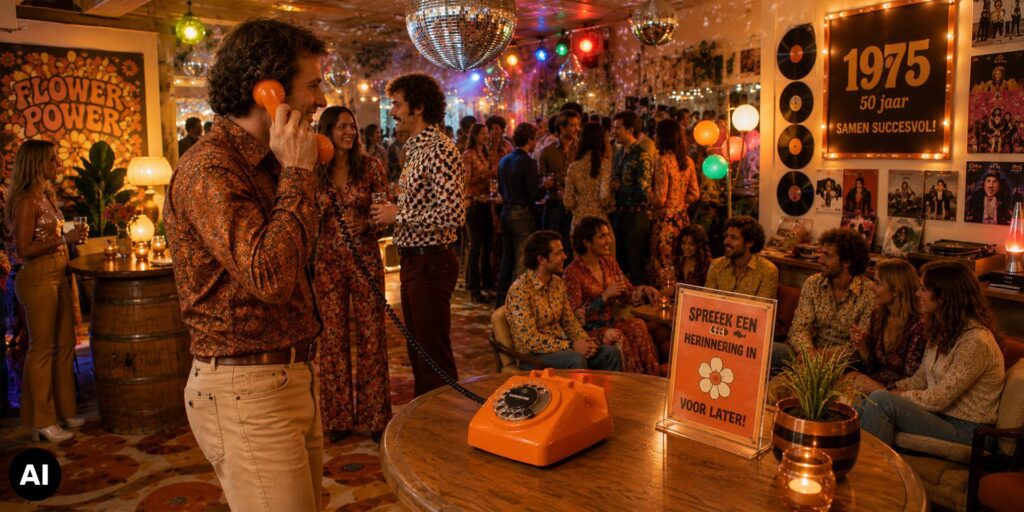 Jaren 70 feest met discoballen, kleurrijke verlichting, retro outfits, vinylplaten en een oranje draaischijftelefoonvan eventtelefoon in een sfeervolle vintage feestlocatie.