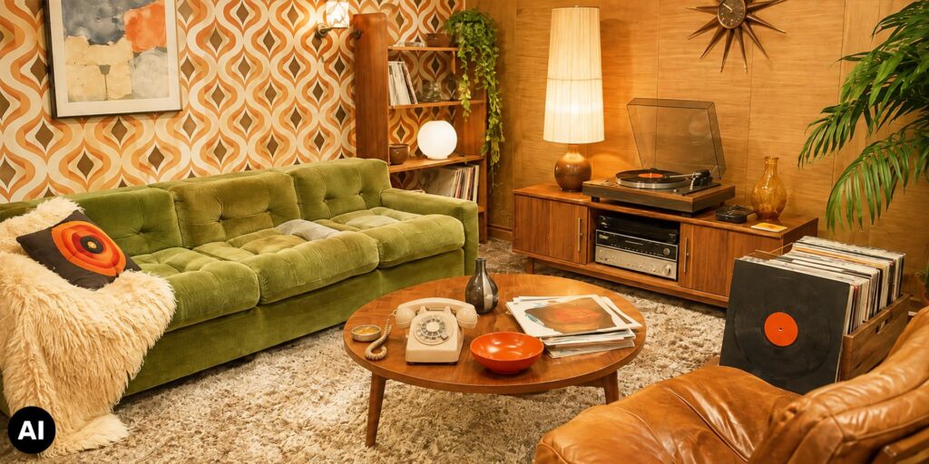 Jaren 70 interieur met groene velours bank, retro oranje behang, houten meubels, platenspeler en vinylplaten in een sfeervolle vintage woonkamer met eventtelefoon
