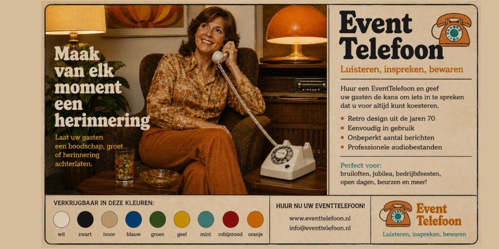 Retro EventTelefoon advertentie in jaren 70 stijl met een vrouw die telefoneert via een witte draaischijftelefoon, omringd door vintage meubels, warme kleuren en informatie over het inspreken van herinneringen voor evenementen.