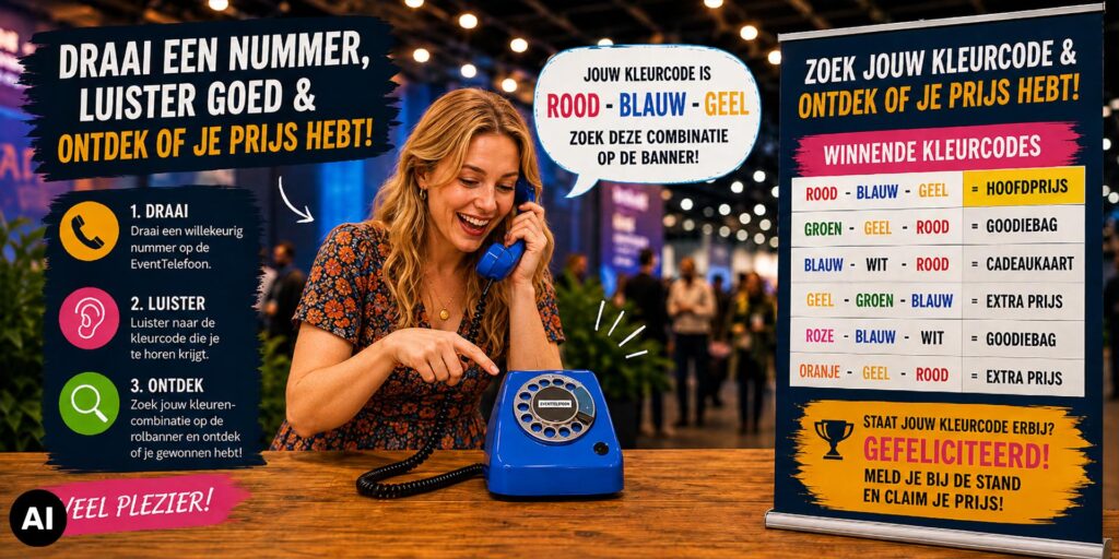 Vrouw op een beurs luistert via een blauwe retro telefoon naar een kleurcode en vergelijkt deze met een banner met winnende kleurcombinaties en prijzen.