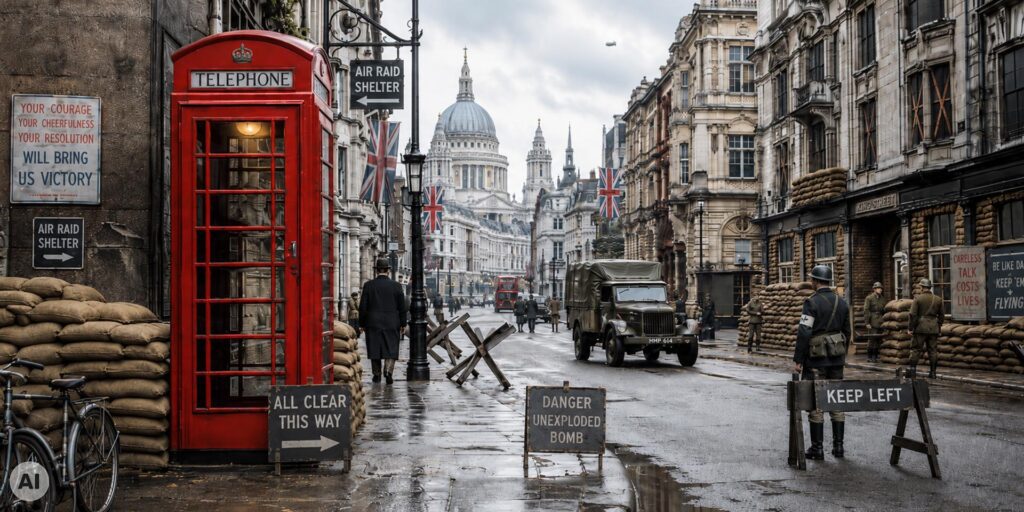 engelse telfooncel in de straten van London rond 1943