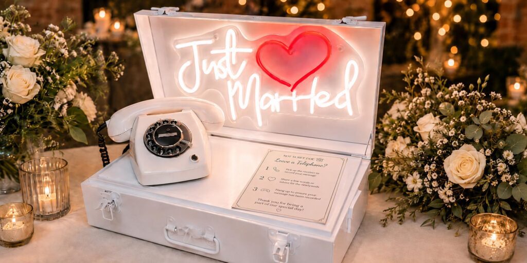 Witte eventtelefoon in een neonbox met verlicht ‘Just Married’-bord, instructiekaart en bloemendecoratie op een sfeervolle bruiloftstafel.