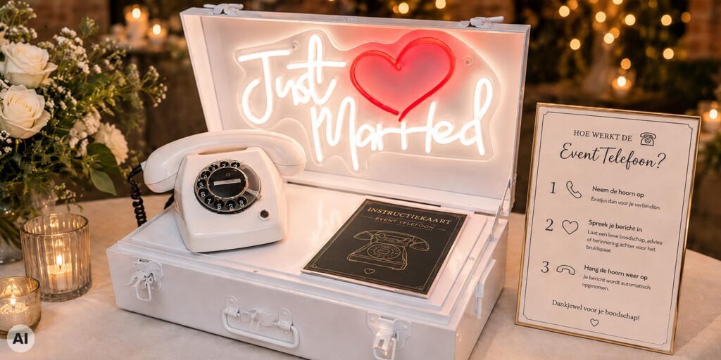 Witte eventtelefoon in een neonbox met verlicht ‘Just Married’-bord, instructiekaart en informatiebord met uitleg over het inspreken van een boodschap.