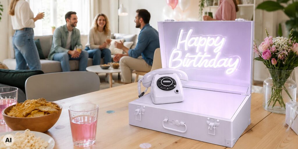 Witte eventtelefoon in een neonbox met verlicht ‘Happy Birthday’-bord op een feestelijk gedekte tafel, met gasten op de achtergrond tijdens een verjaardagsfeest.