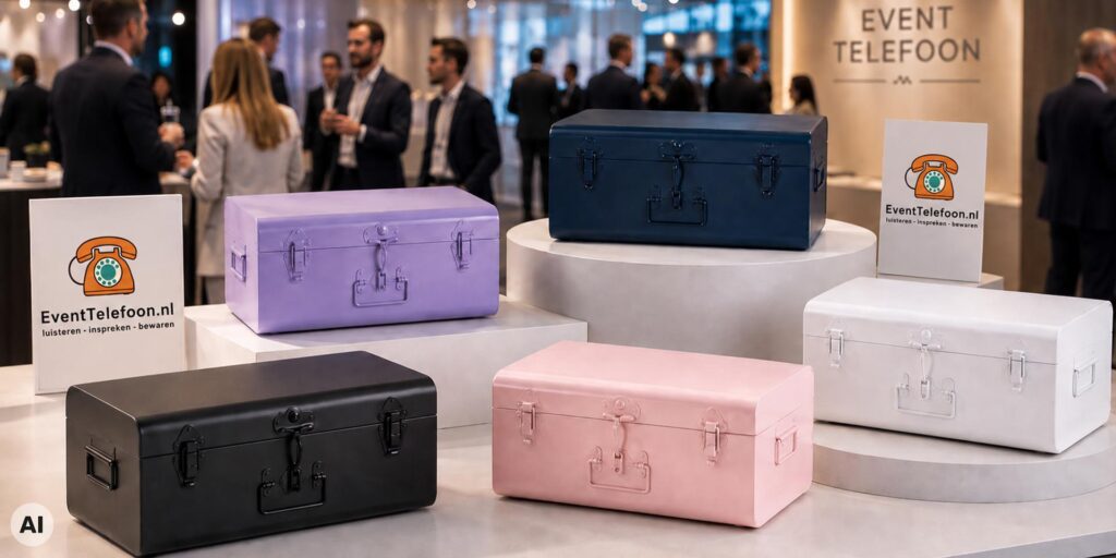 Neonboxen in zwart, roze, wit, paars en donkerblauw gepresenteerd op een beursstand van EventTelefoon.nl.