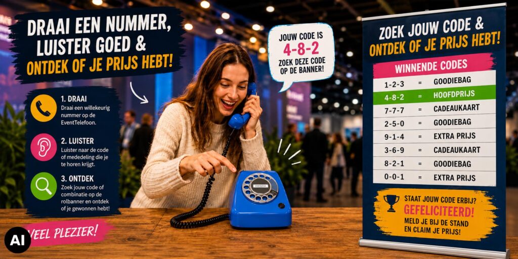 Vrouw op een beurs belt met een blauwe retro telefoon en zoekt haar ontvangen code op een banner met winnende codes en bijbehorende prijzen.