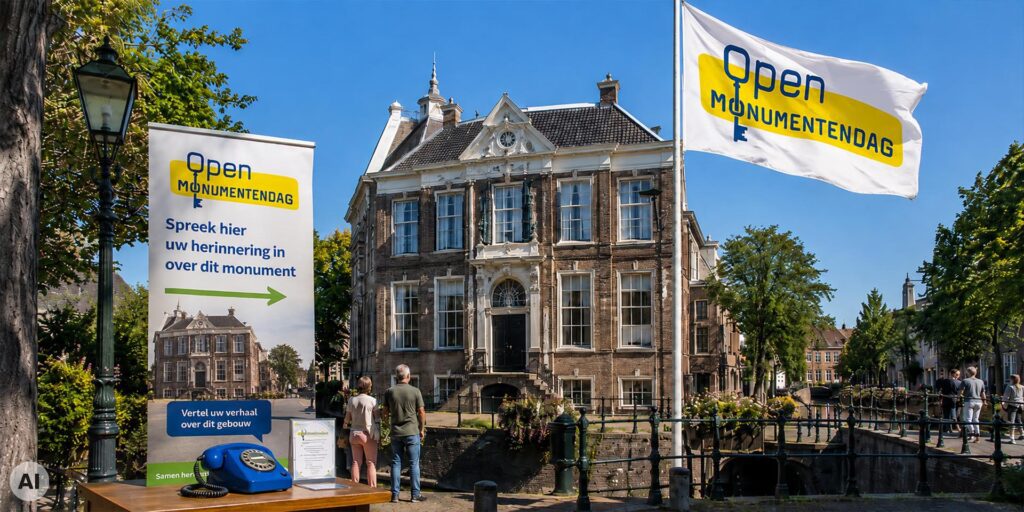 Informatiepaneel en blauwe retro-telefoon voor Open Monumentendag voor een monumentaal gebouw, met de oproep om een herinnering of verhaal over het gebouw in te spreken.