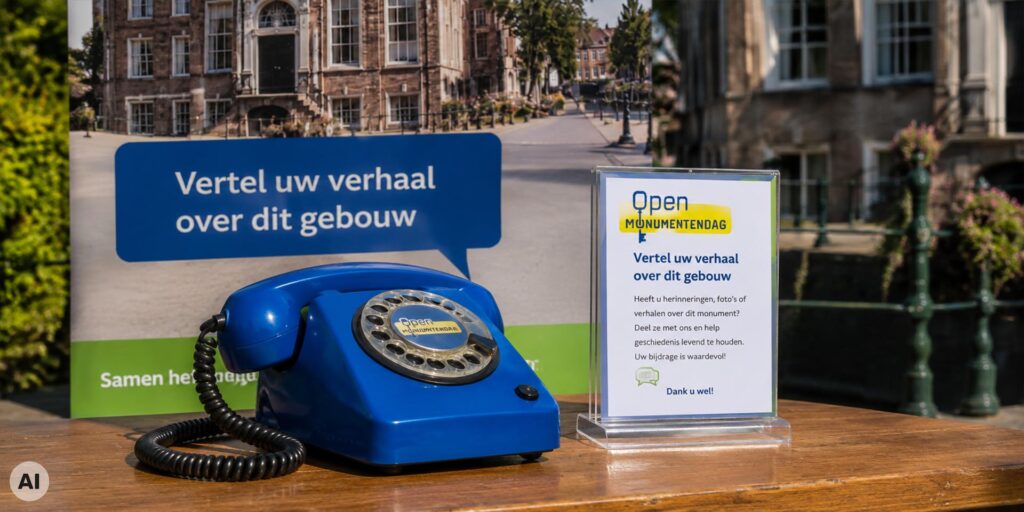 Blauwe retro-telefoon op een tafel bij Open Monumentendag, naast een bord met de oproep: “Vertel uw verhaal over dit gebouw”, met een monumentaal pand op de achtergrond.