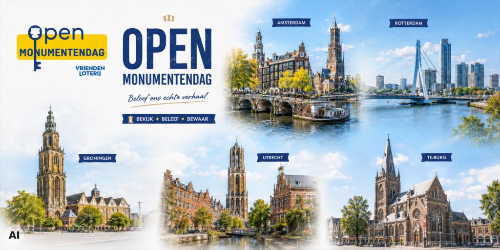 Collage voor Open Monumentendag met monumentale gebouwen en stadsgezichten uit Amsterdam, Rotterdam, Groningen, Utrecht en Tilburg, naast het logo en de tekst “Beleef ons echte verhaal”. Organisatie Open monumentendag