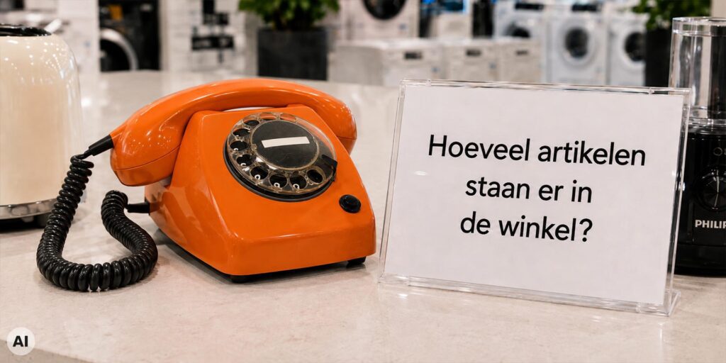 Oranje retro draaischijftelefoon op een winkelbalie naast een bord met de tekst: “Hoeveel artikelen staan er in de winkel?” Op de achtergrond staan diverse huishoudelijke apparaten.