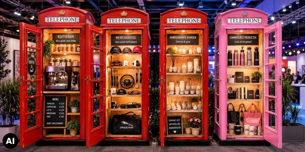 Vier rode en roze telefoon­cellen op een beurs, ingericht als koffiebar en opvallende productpresentaties voor merchandise, kaarsen en relatiegeschenken.