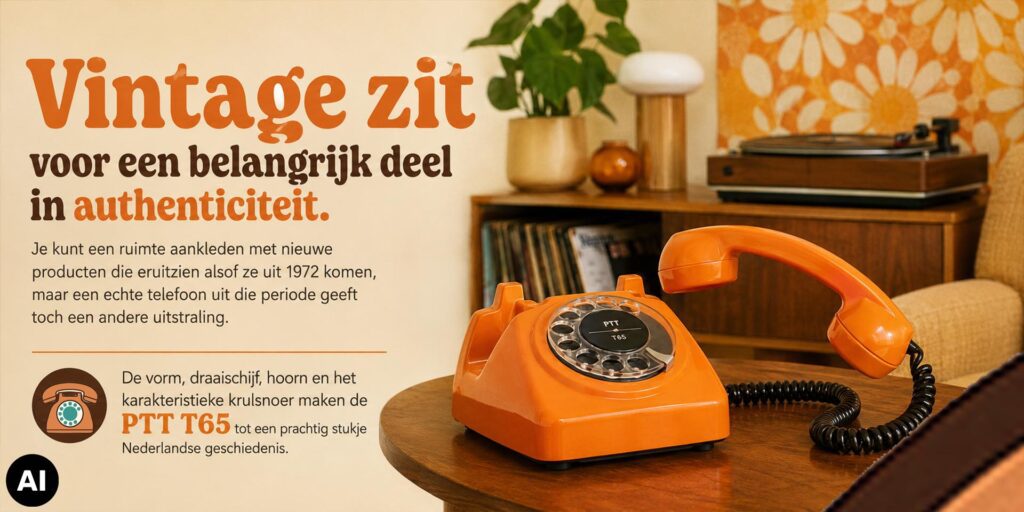 Oranje PTT T65 draaischijftelefoon in een sfeervol jaren 70 interieur met platenspeler, houten meubels en retro bloemmotief.