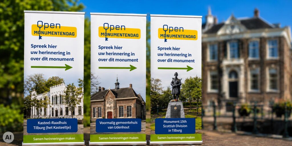 Drie roll-upbanners van Open Monumentendag met de oproep om herinneringen over monumenten in Tilburg in te spreken. Op de banners staan het Kasteel-Raadhuis Tilburg, het voormalige gemeentehuis van Udenhout en het monument van de 15th Scottish Division.