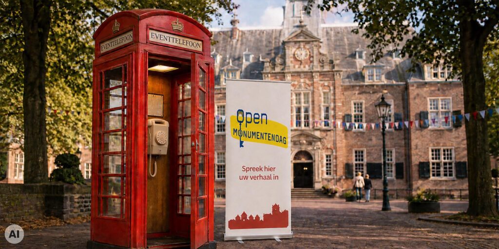 Rode klassieke telefooncel van Eventtelefoon met een draaischijftelefoon, naast een banner van Open Monumentendag met de oproep “Spreek hier uw verhaal in”, voor een monumentaal gebouw.