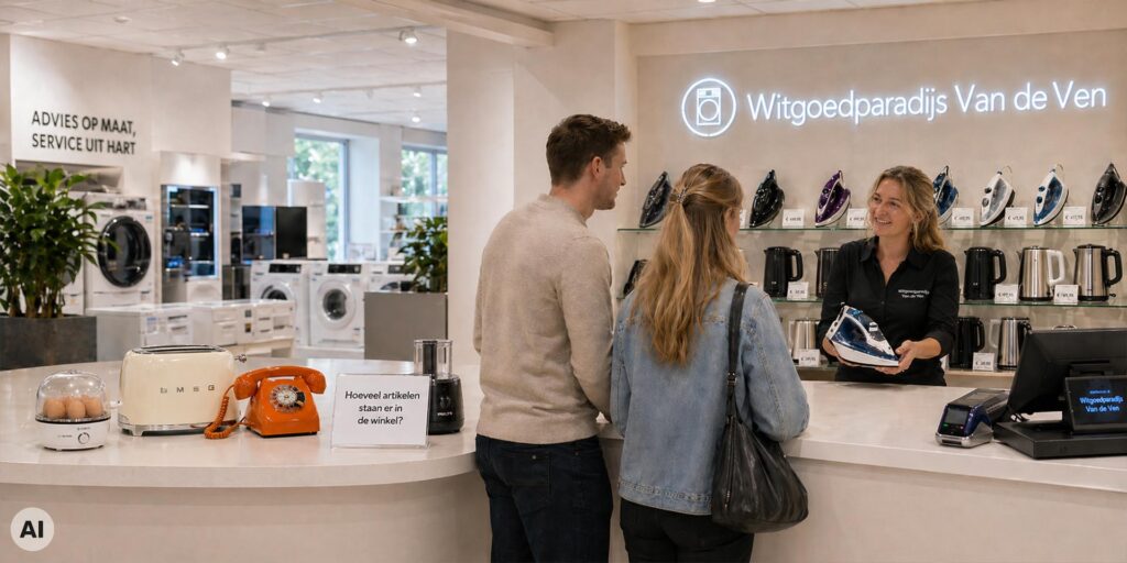 Medewerkster van Witgoedparadijs Van de Ven adviseert een stel aan de winkelbalie en toont een strijkijzer. Op de balie staat een opvallende oranje draaischijftelefoon naast een bord met de vraag hoeveel artikelen er in de winkel staan.