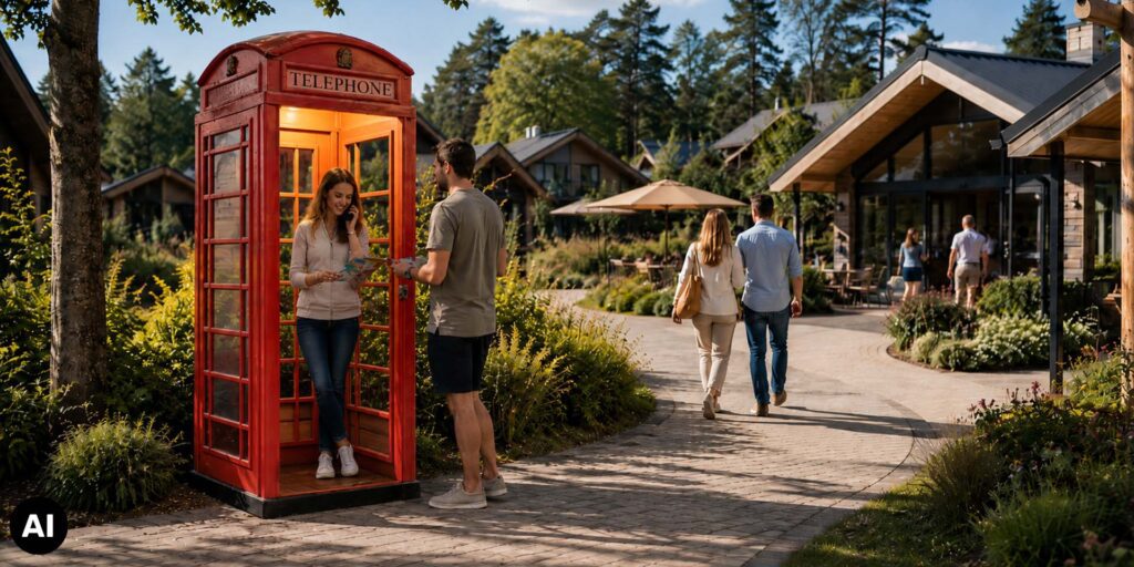 Rode Engelse telefooncel als informatiepunt op een vakantiepark, waar een bezoeker telefonisch informatie beluistert over het park en de activiteiten.